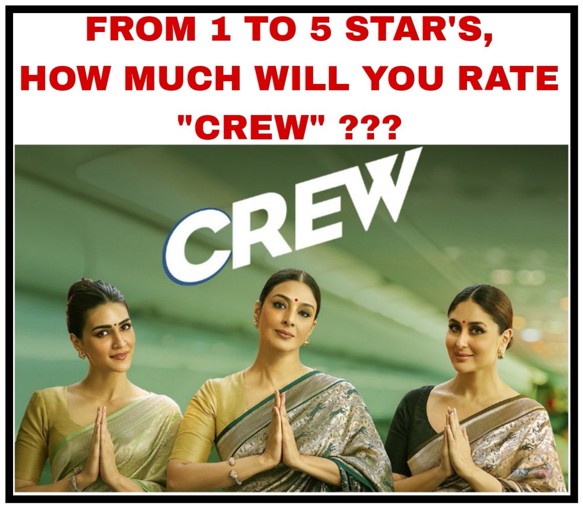 RATE IT 👆👆👆
#crew #kareenakapoorkhan #crewreview #kareenakapoor #tabu #kritisanon #kapilsharma #diljitdosanjh #gotnochill #crewtrailer #rajeshakrishan #cholikepeeche #meresang #ghagra #saswatachatterjee #rajeshsharma #kulbhushankharbanda #moviemanblogger
@moviemanblogger