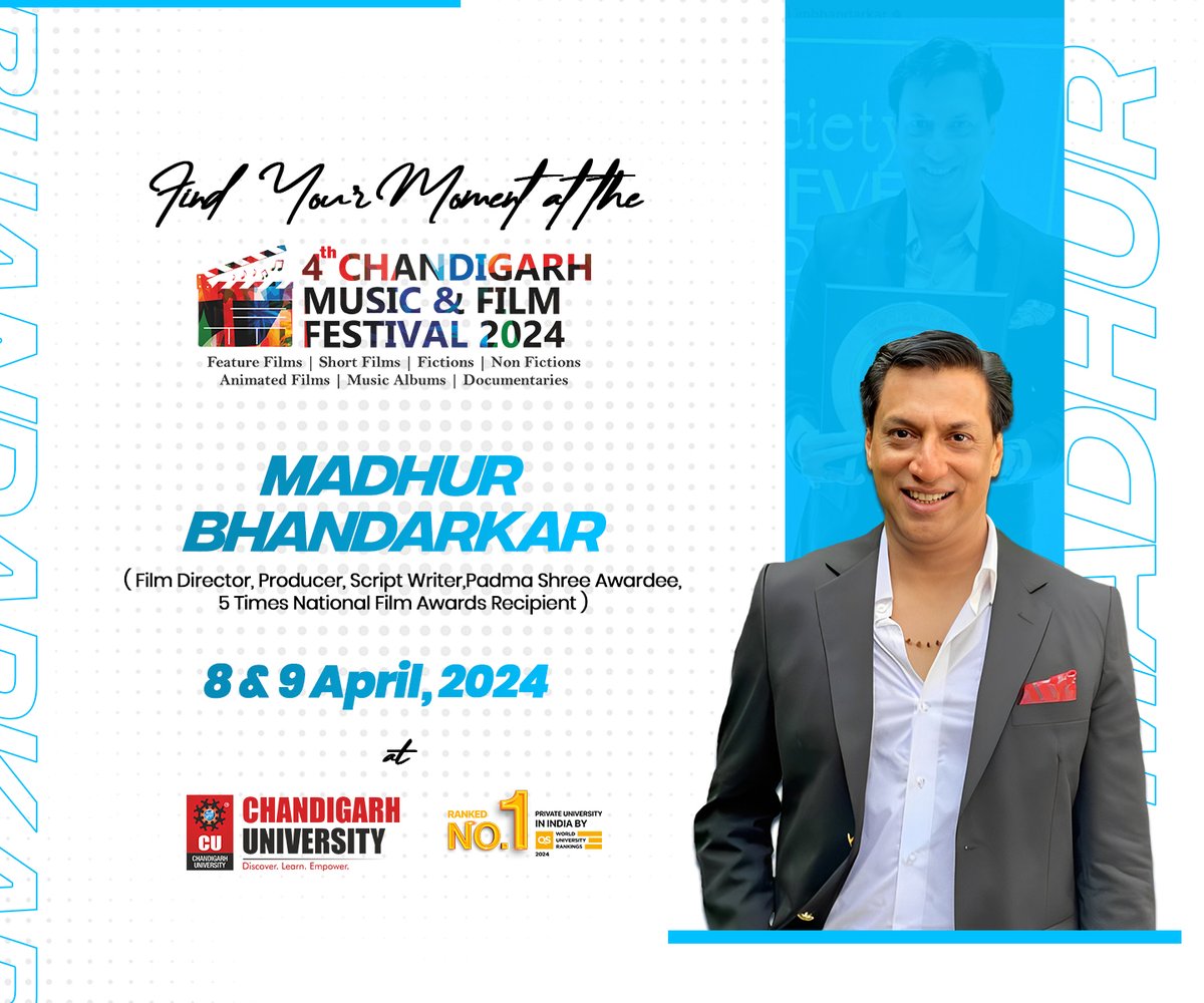 Chandigarh_uni's tweet photo. Experience the pinnacle of artistic expression at the upcoming 4th Chandigarh Music & Film Festival 2024, where creativity knows no bounds. This prestigious event transcends mere exhibition, serving as a dynamic platform for the convergence of cinematic and musical brilliance.

Among the illustrious luminaries gracing this event is the esteemed Filmmaker, Padma Shree awardee, and recipient of 5 National Film Awards, Mr. Madhur Bhandarkar. 

Mark your calendars for April 8th and 9th as we cordially invite you to join us alongside Mr. Madhur Bhandarkar at the 4th Chandigarh Music & Film Festival 2024. #CUMusicAndFilmFestival2024 #ChandigarhUniversity #CUCampus