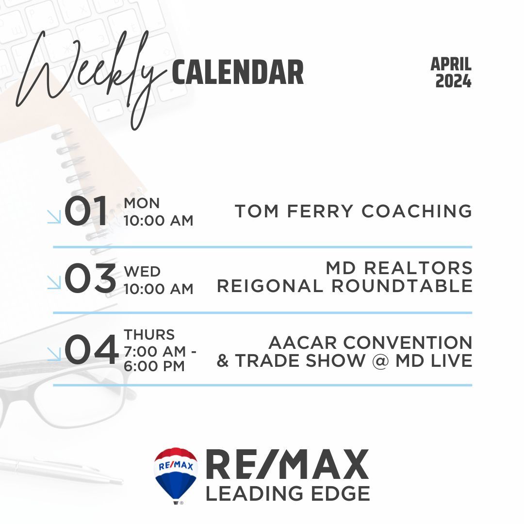 Organized minds, successful lives! 🗓️✨ Here's to a productive week ahead.

#WeeklyPlanning #ProductivityBoost #StayOrganized #remax #remaxlemd #maryland #md #mdhomes