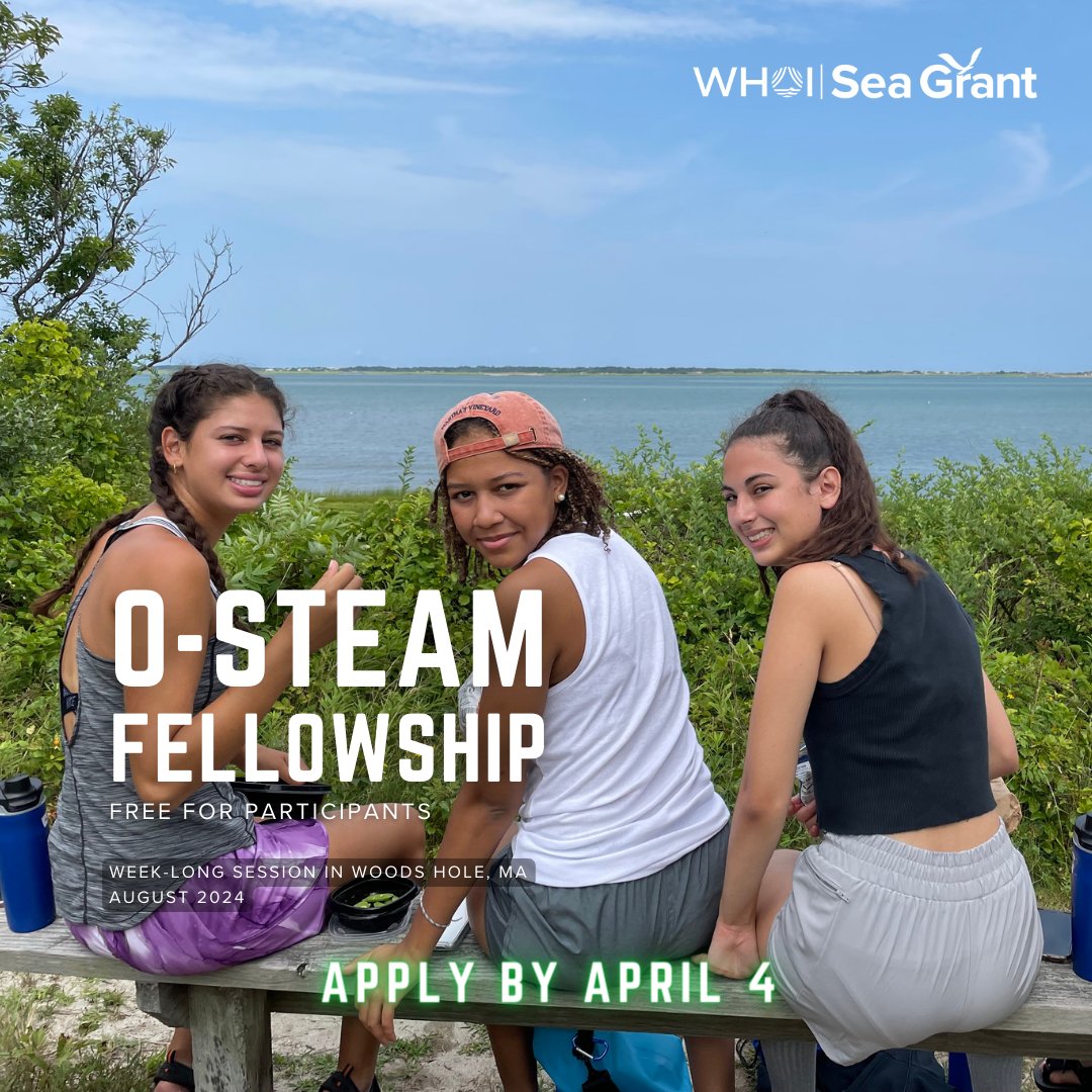 Last call for applications to our Ocean STEAM Powered Women Fellowship! For HS sophomores and juniors. Due April 4. Come join us for a week of ocean-powered research and activity! seagrant.whoi.edu/k-12/o-steam/ @WHOI @SEA_Woods_Hole @seagrant #stemeducation #womeninscience