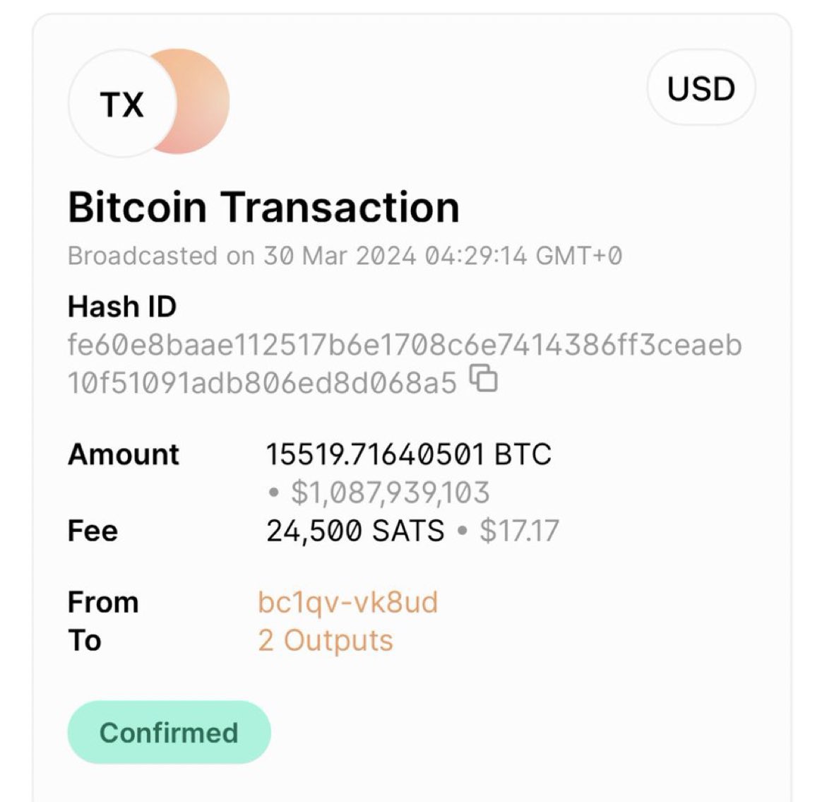 🐳 Another whale bought Bitcoins in a single transaction totaling over $1  billion. In total, the Bitcoin enthusiast purchased 15,519 BTC at a price  above $70,000. The total purchase amount was almost