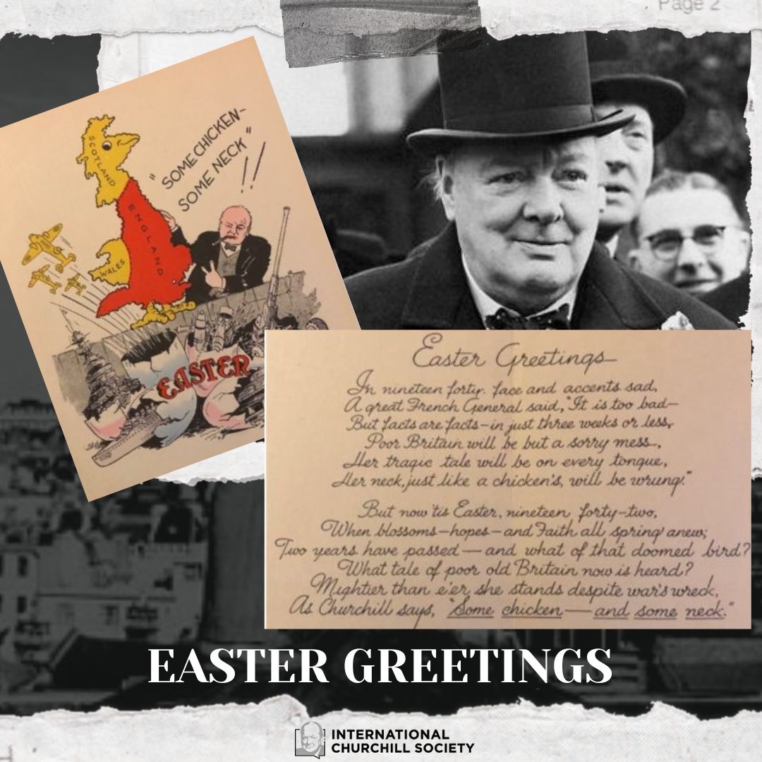 Easter Greetings! Did you know a 1942 greeting card holds a fascinating story about Winston Churchill? During World War II, his 'some chicken, some neck' speech in Ottawa showcased his resolve. Learn more: bit.ly/3VKcqQh #Easter #WinstonChurchill #History #ThinkICS