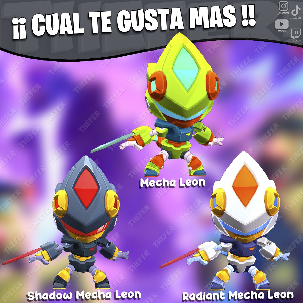 TheeFer_'s tweet photo. ¡¡¡Skin Mecha Leon!!!

💰Precio: 299 Gemas
🟨Calidad: Legendario 

#BrawlStars #Mechaleon https://t.co/uYVBFLkC3M