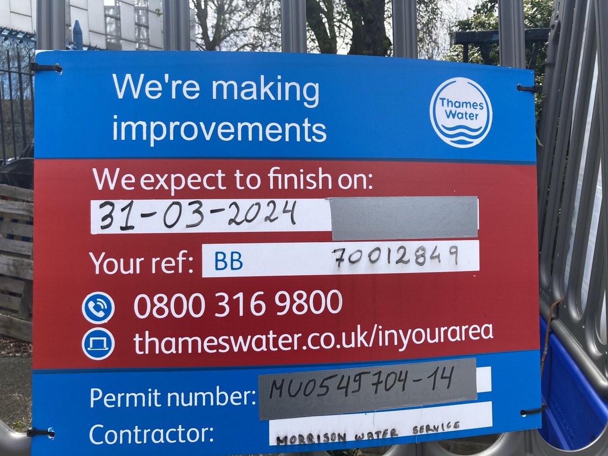 I wonder if the only thing that will happen with ⁦@thameswater⁩ closing this path is the date will change on the ‘expect to finish’. Must have been like that for 18 months or so. Date changed 6 months ago. Completely blocks path. Is there a cost with this?