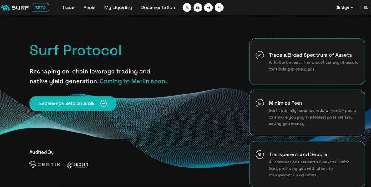bcointrader's tweet photo. Merlin Chain衍生品：Surf Protocol

基本信息:
Surf Protocol 是一个去中心化的衍生品交易平台，支持最广泛的加密资产的创建和交易。Surf 实施了独特的利润分享策略。第一个创建矿池的用户将无限期地获得该矿池交易费用的 5%，前提是该矿池保持在设定的最低阈值之上。Surf Protocol 的目标是为用户提供各种可交易的 Perp 资产，同时保持尽可能低的费用。

团队背景：
Surf Protocol 团队由行业顶尖机构如 Amber 和火币的创始人及核心成员组成，获得了来自 ABCDE、Inception Capital 等知名机构的投资。

投资背景：
去中心化衍生品交易所 Surf Protocol 宣布完成了300万美元的融资，该轮融资由ABCDE Capital 领投，OP Crypto 和 C2 Ventures 参投。这些新的资金将用于开发基于 Base 网络的、无需许可的 Perp DEX（永续合约去中心化交易所）。
Surf Protocol致力于提供一种无需许可的、安全可靠的平台，让用户能够在去中心化的环境中进行衍生品交易。这一举措有望推动去中心化金融市场的发展，为用户提供更多选择和更多的金融工具。

产品业务：
Surf Protocol 是一个无需许可的 AMM 衍生品交易协议，专注于 BTC L2，产品路线包括衍生品交易、盘前交易、现货杠杆交易等，满足用户不同需求。

社区 & 链上表现：
暂无可追溯的链上数据。

亮点总结：
1. 币安 MVB 加速器项目：Surf Protocol 是币安 MVB 加速器计划的项目之一，获得了知名机构 ABCDE 等的投资。
2. BTC 生态衍生品首个原生项目：Surf Protocol 是 Merlin Chain 首个原生的衍生品项目，设计了适配 BTC 生态的产品机制，包括 LP 单一资产提供流动性和聪本位保证金模式等。
3. 创新性：Surf Protocol 具有不错的创新性，如 LP 凭证的资金再利用和未发布项目的盘前市场等。

经济模型：
Surf Protocol 暂未公布代币发行计划，目前支持杠杆交易和理财两种玩法，初期将优先上线市值较大、较稳定的币种，并专注于衍生品中的合约杠杆交易。

最新动态：
Surf Protocol 宣布测试网已上线，后续发展值得期待。

本报告旨在探讨项目，为投资者提供有价值的信息。但所述观点仅供参考，不构成任何形式的投资建议。投资者在做出决策时，应充分考虑自身的风险承受能力、财务状况以及专业的投资建议，并采取理性的投资策略。