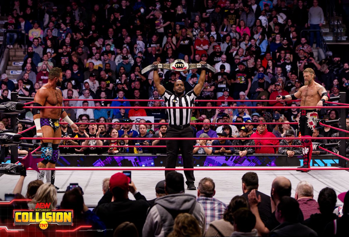 TheMattCardona's tweet photo. .@RatedRCope vs. Matt Cardona…my dream match…finally happened last night at #AEWCollision.

When I was in high school, Edge was one of my favorite wrestlers. I’d have matches with him (an invisible version) in my bedroom or trampoline. 

Him reinventing himself into the Rated R Superstar made me an even bigger fan of his.

A couple of years later, @Myers_Wrestling and I made it to WWE but were drowning as The Major Brothers. We were about be fired. We had an idea to be Adam’s entourage…his Edgeheads. He didn’t need us but we certainly needed him. He took a chance on us, saved our careers, and changed our lives.

We went from sitting in catering about to be fired to wrestling guys like Undertaker, Batista, Ric Flair, Shawn Michaels, etc. We learned so much from working so close to Adam. Our first time at WrestleMania was being involved in the main event! I thought the next year at WrestleMania it’d be Edge vs. Hawkins vs. Ryder. That didn’t happen. LOL. 

16 years (holy shit!) flew by so fast. Adam had to retire due to a neck injury in 2011. My dream match would never happen. Adam returns to WWE in 2020. I get fired from WWE in 2020. My dream match would never happen.

I’ve been busting my ass these past 4 years to reinvent myself. Adam is the Rated R Superstar and I’m the Self Made Superstar. I’ve been everywhere. I’ve wrestled everyone. When Adam joined @AEW in 2023, I knew my dream match was back on the table. 

Last night in Canada, Adam had the Cope Open…an open challenge for his TNT Championship. I accepted. The fans didn’t forget the history. There was a HOLY SHIT chant on my god damn entrance. I may have lost but I learned even more from Adam from that match. It was a night that I’ll never forget. I finally wrestled my dream match.

Thank you Adam. Thank you @TonyKhan for the opportunity.