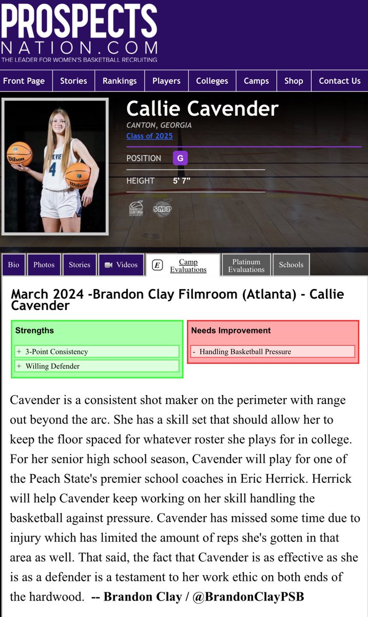 Brandon Clay Consulting & Recruiting #BClayRecruiting x @brandonclaypsb Increased Awareness = 📈 Opportunity 🚨MEMBER UPDATE🚨 ‘25 G Callie Cavender of Creekview (GA) has a new eval on her @ProspectsNation Card. ➡️➡️ JOIN THE PROGRAM peachstatebasketball.com/brandon-clay-c…