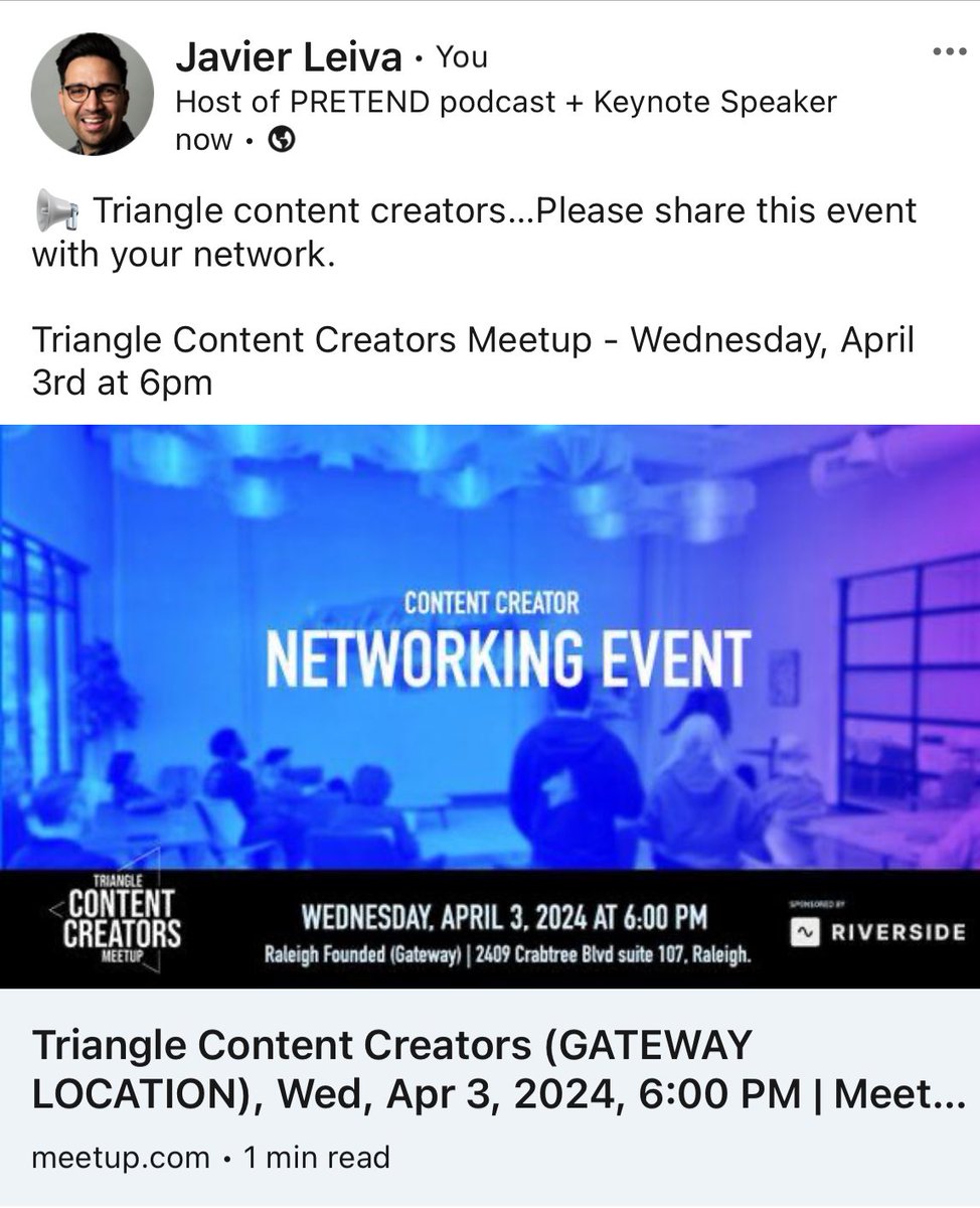 📢 Triangle content creators…Please share this event with your network. Triangle Content Creators Meetup - Wednesday, April 3rd at 6pm Brought to you by @RiversidedotFM and @RaleighFounded