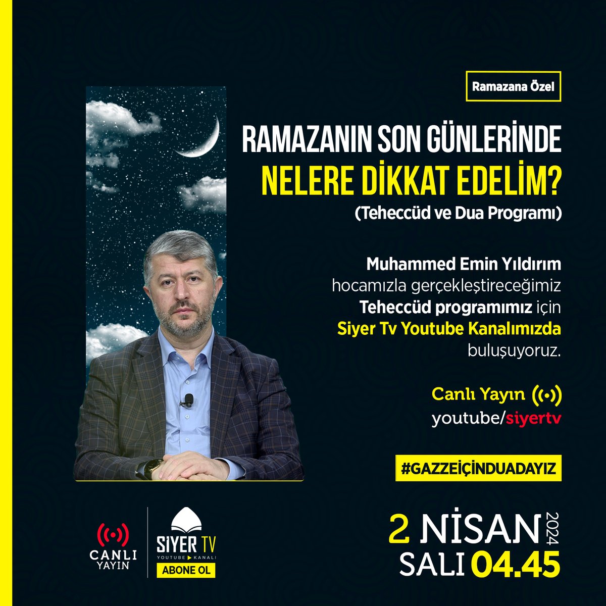 Teheccüd ve Dua Programına Davet Salı günü teheccüd namazlarımızı kılıyor, 04.45'de dua programımızda buluşuyoruz. Muhammed Emin Yıldırım Hocamızın katılımıyla gerçekleştireceğimiz canlı yayında Ramazanın son günlerini değerlendirme adına dikkat etmemiz gerekenleri konuşacak,…