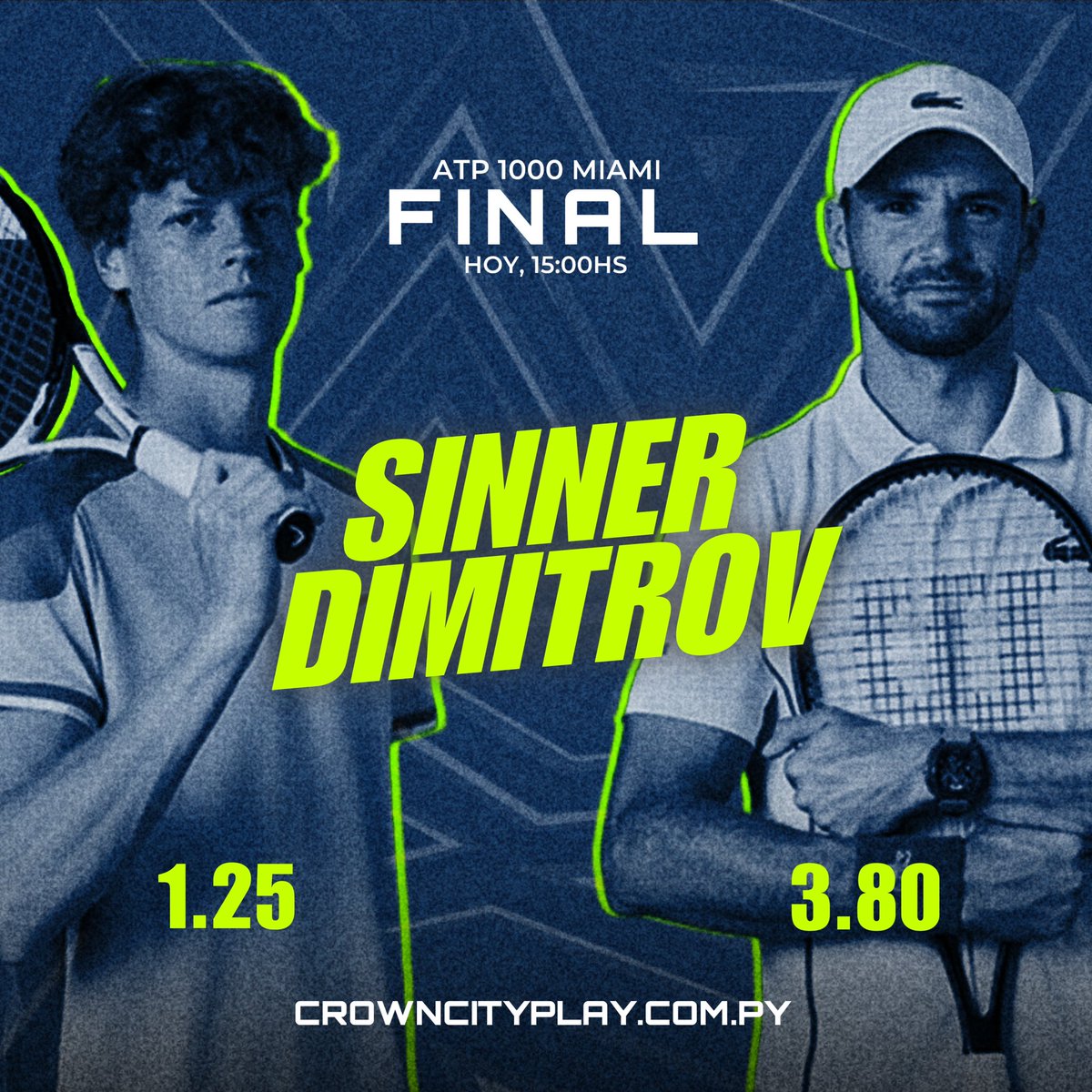 Jannik Sinner y Grigor Dimitrov se medirán hoy  en la final del Masters 1000 de Miami. 
¿ Ya tenes a un favorito ? 
Ingresa a crowncityplay.con.py y hace tu apuesta 🤑