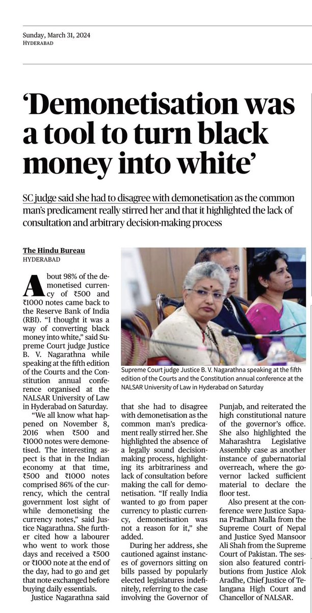 NehaKoppula's tweet image. “Demonetisation was a tool to turn black money into white”

- Justice B V Nagarathna

#NALSAR #Hyderabad 
#ModiMadeDisaster