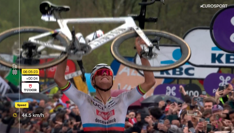 Mathieu van der Poel (Alpecin-Deceuninck) wins the Ronde van Vlaanderen after going solo on the Koppenberg with 45km to go