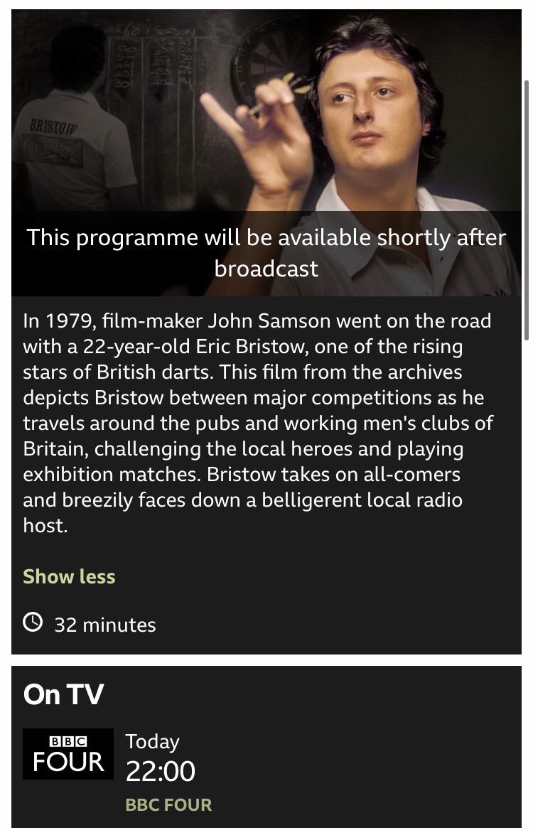 There’s a 1979 documentary about Eric Bristow on BBC4 tonight. Yes please.