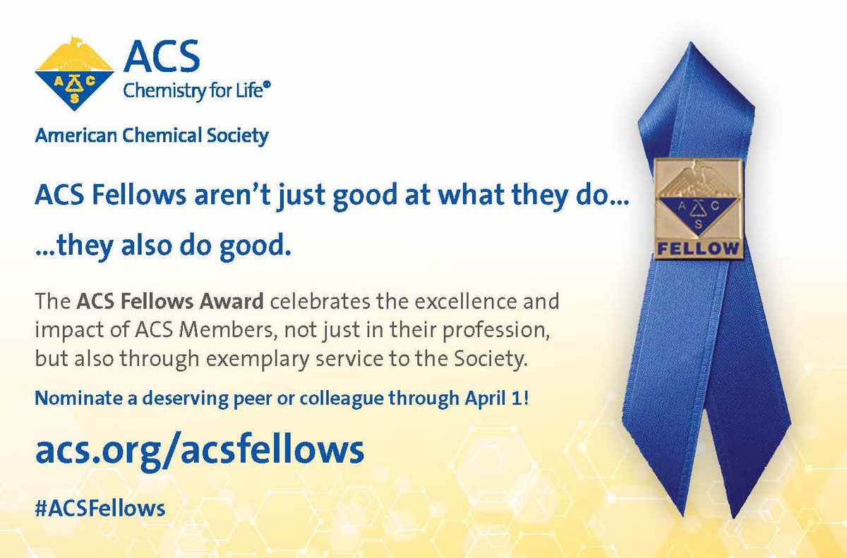 AmerChemSociety's tweet photo. Last chance to celebrate the excellence and impact of your colleagues in the field of chemistry by nominating them to be an #ACSFellow! Nominations close soon, so get those last-minute nominations in! https://t.co/6E2cm3NE8b #ACSFellows https://t.co/3I7NdBtKBj