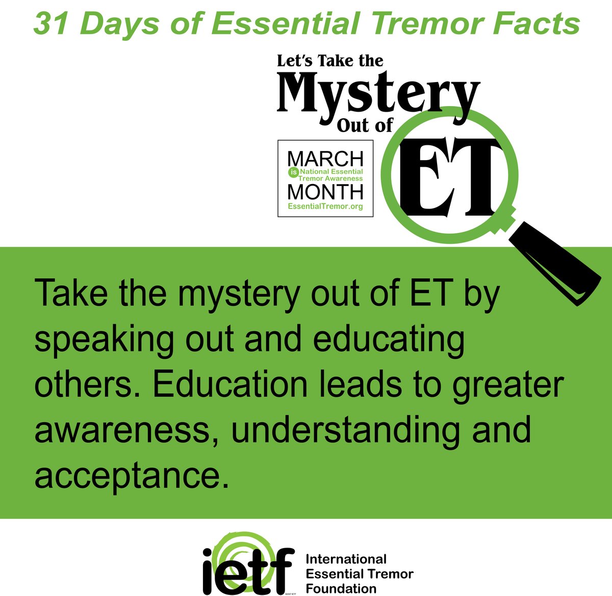 Thank you to everyone who participated in our 2024 National ET Awareness Month campaign. Essential tremor awareness resources can be found online at essentialtremor.org/what-we-do/et-…. #ETAwareness2024