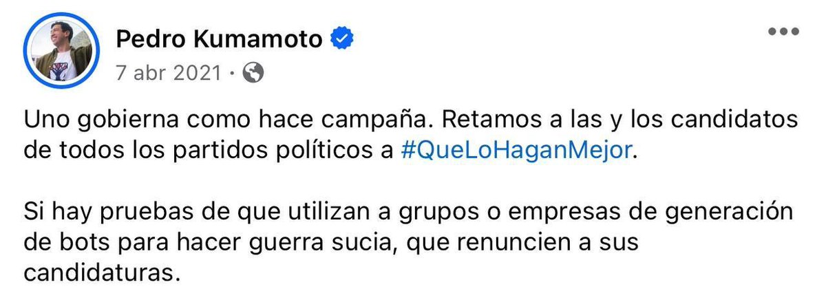 ¿Será que <a href="/pkumamoto/">Pedro Kumamoto</a> va a renunciar a su candidatura porque mostramos que usa bots? Digo el mismo lo exigía en 2021.