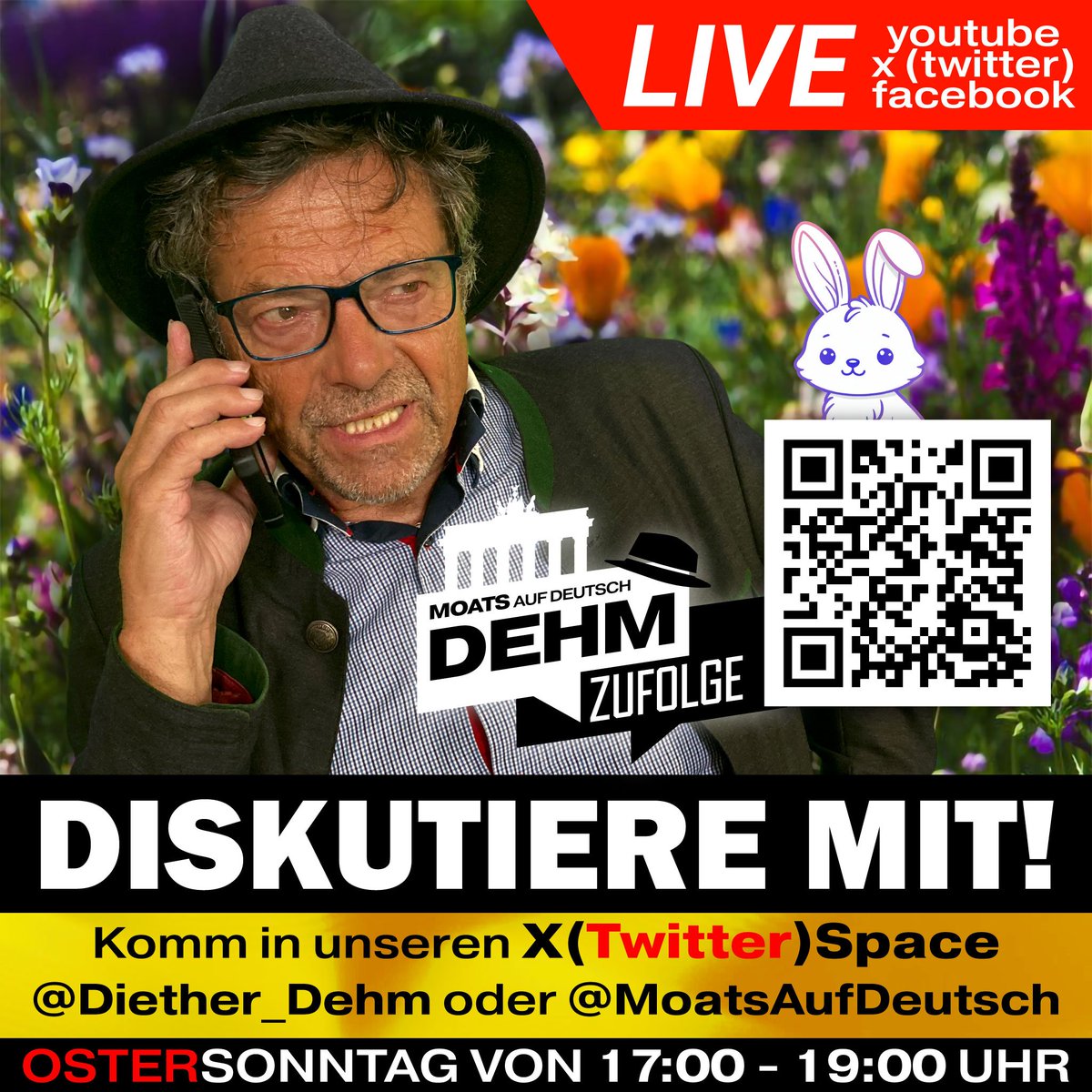 Kommt in unseren X(Twitter)Space und diskutiert LIVE mit Diether @Diether_Dehm heute #Ostersonntag um 17:00 Uhr oder schaut die Sendung auf Youtube, Facebook oder Twitter