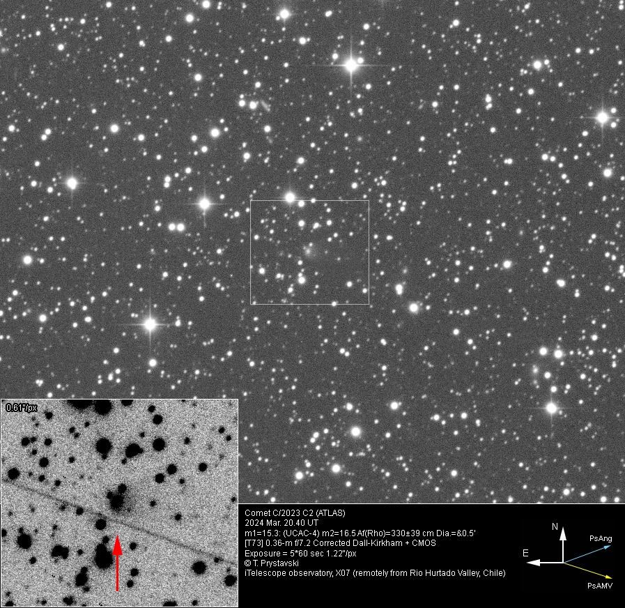 Comet C/2023 C2 (ATLAS) 2024 Mar. 20.40 UT m1=15.3: (m2=16.5) Dia.=&0.5'... [T73] 0.36-m f/7.2 Corrected Dall-Kirkham + CMOS... T. Prystavski... (iTelescope observatory, X07 (remotely from Rio Hurtado Valley, Chile)) [morning twilight]