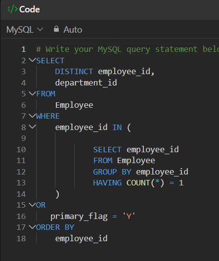 ishwari03's tweet photo. @LeetCode @SQLServer @MySQL 📌Explanation:
1. From employee select unique combinations of emp IDs &amp; dept ID
2. Write subquery to
i. add filter that includes only employees who either have single count OR their primary_flag is 'Y'
3. Group by employee ID to get all employees with their primary department https://t.co/c9ihGIlL0v