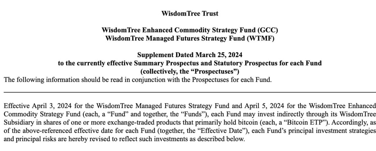 BREAKING: 
WisdomTree gain approval to purchase spot #Bitcoin ETFs for its $206 million and $117 million funds.