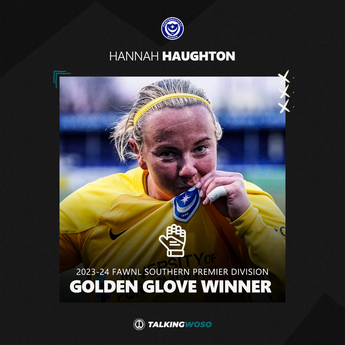 Portsmouth captain Hannah Haughton has claimed the FAWNL Southern Premier Division Golden Glove award for the 2023-24 season. @H_Haughton92 has so far recorded an impressive 12 clean sheets throughout the league campaign. A record that cannot be matched. 📸 @jbphotography0