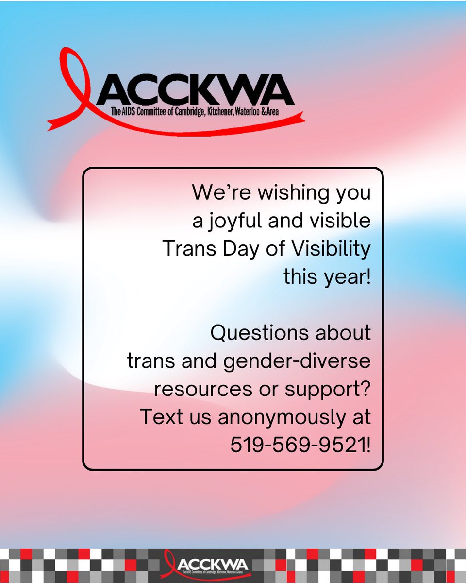 We’re wishing you a joyful and visible Trans Day of visibility this year! Questions about trans and gender-diverse resources or support? Text us anonymously at 519-569-9521! #transdayofvisibility🏳️‍⚧️