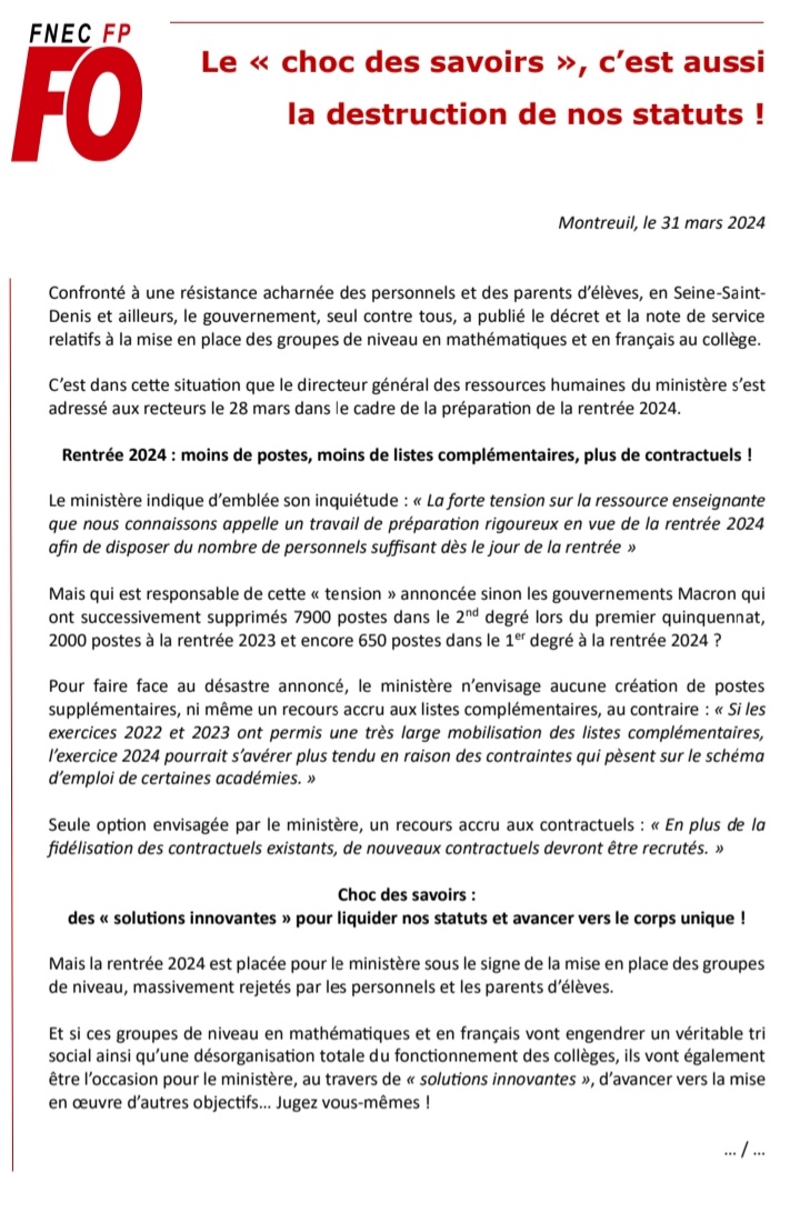 FnecFpFO's tweet photo. #ChocDesSavoirs : des solutions "innovantes" pour liquider nos statuts ! Le DGRH organise une campagne de détachement du corps des profs des écoles vers celui des certifiés. Il propose aussi le recours aux retraités et de recruter des professeurs non diplômés...Grève le 2 avril ! https://t.co/9gauXcERmH