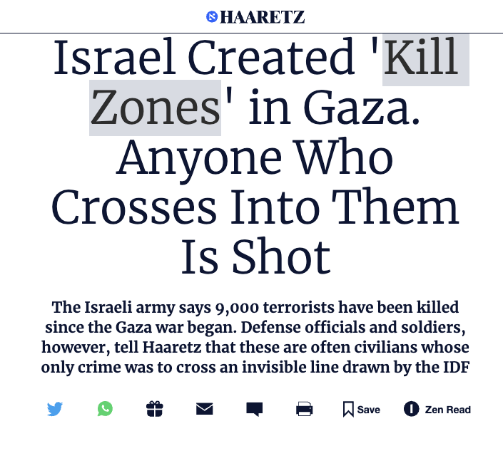 WOW! Israel has created kill zones in Gaza where they kill everything that moves. Many of the 9,000 terrorists Israel claims it has killed, Israeli soldiers now say, were 'civilians whose only crime was to cross an invisible line drawn by the IDF.' haaretz.com/israel-news/20…