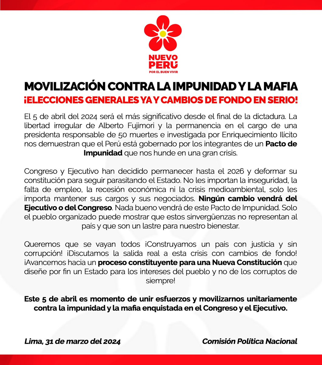 Ningún cambio vendrá del Congreso o del Ejecutivo aferrados a sus cargos y a sus negociados. Solo el pueblo organizado puede derrotar al #PactoDeImpunidad de estos sinvergüenzas. El 5 de abril ¡Nos movilizamos todos y todas!

#EleccionesGeneralesYa #NuevaConstitución 🌺