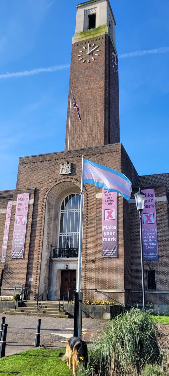 To mark International Transgender Day of Visibility today, we are flying the Transgender flag outside of Salford Civic Centre🏳️‍⚧️

Today is an opportunity to celebrate transgender people and raise awareness of discrimination faced by transgender people throughout society #TDOV
