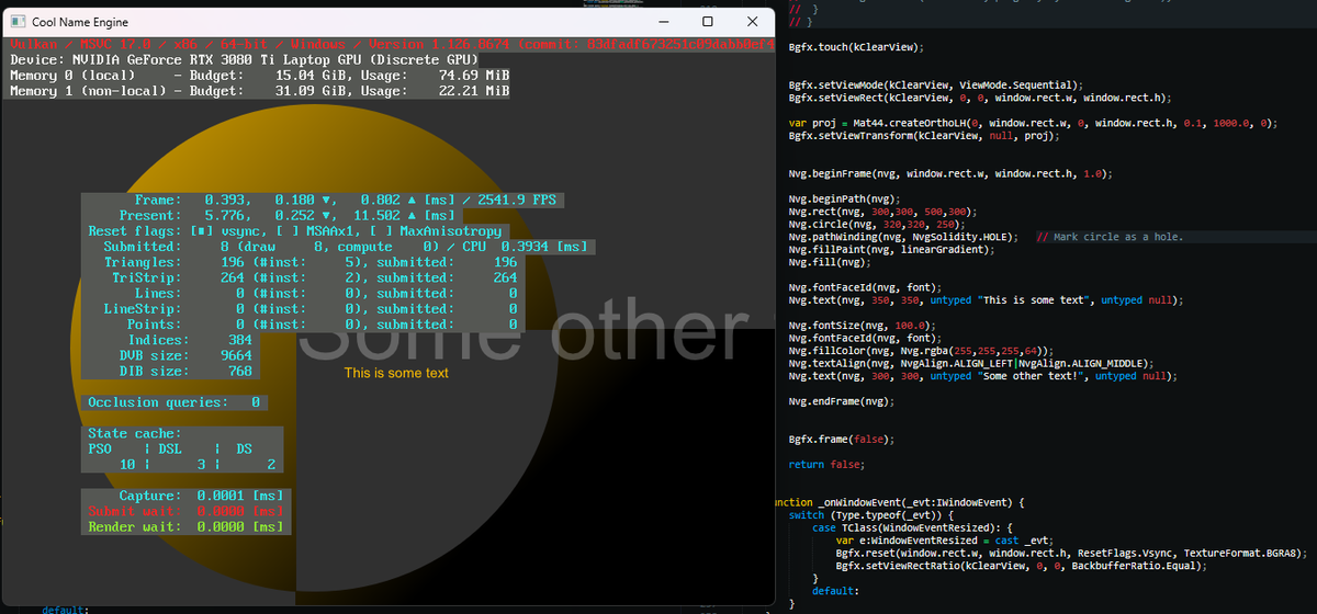 dazKind's tweet photo. Messing with some secret #haxe engine work & one thing that I always wanted was proper lowlevel 2D/3D support and core support for CPPIA. So I sat down and created externs for #bgfx , #nanovg and mixed it into an engine prototype that lets you live-code :D https://t.co/j2a2gP4UH6 https://t.co/iu7ZTNPDnp