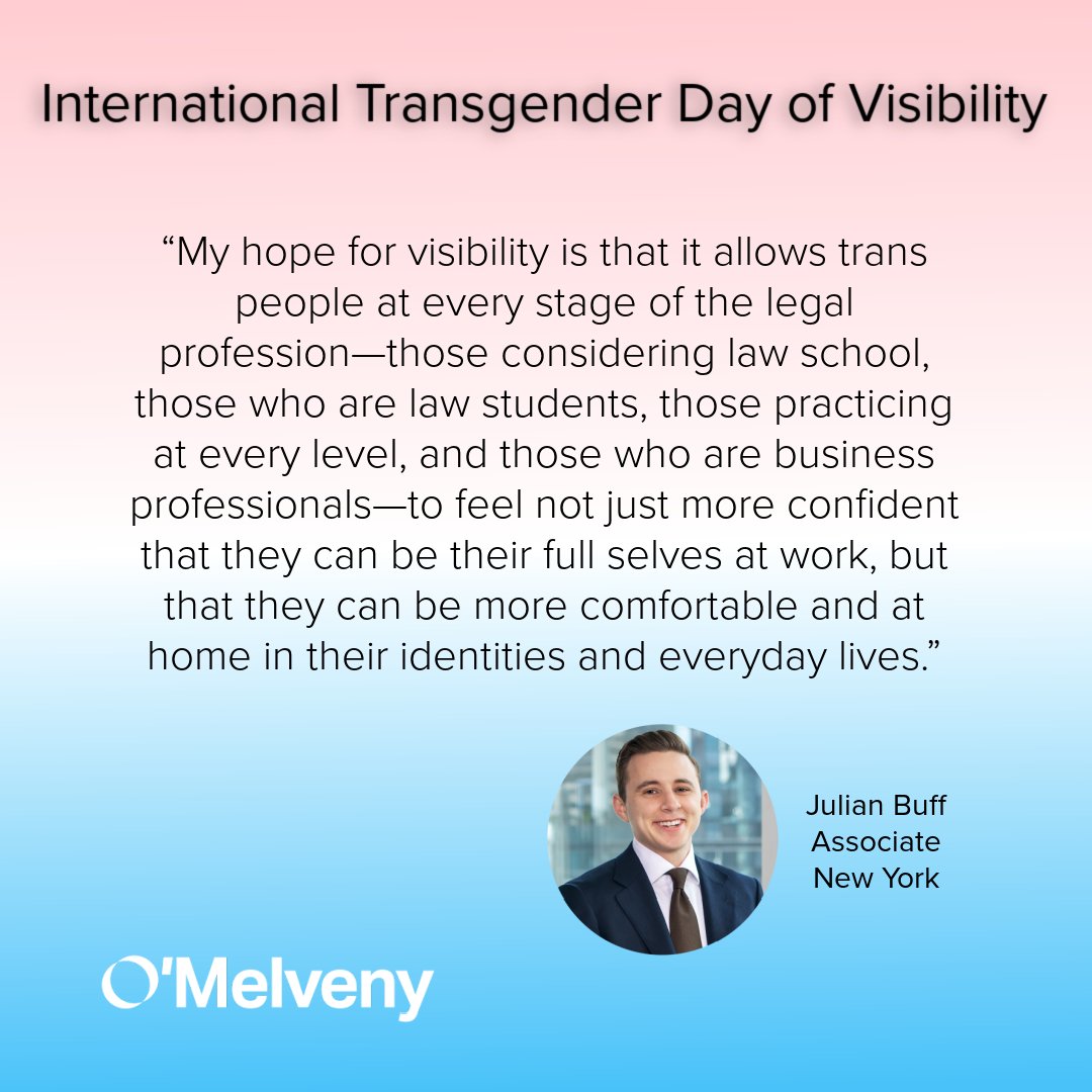 We honor the strength, resilience, and visibility of the transgender community worldwide, and at O’Melveny. Strengthening their voices and challenging discrimination are essential ways we can work together to build an all-inclusive society. #OMMRise #OMMAllIn