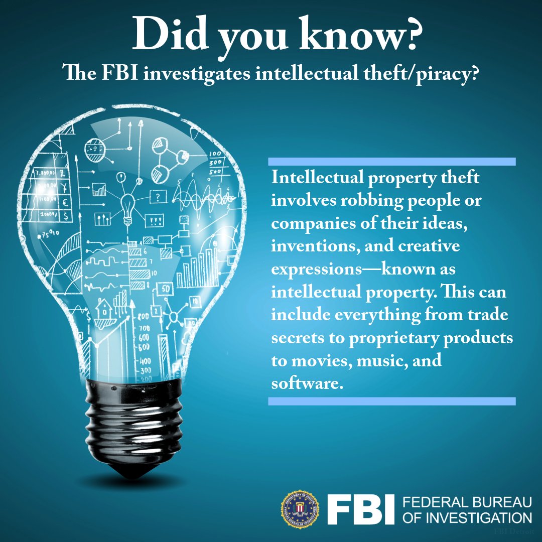 #DYK the #FBI investigates intellectual property theft? The Bureau's intellectual property investigations focus on the theft of trade secrets and copyright infringement on products that can impact people's health and safety. Learn more: fbi.gov/investigate/wh…