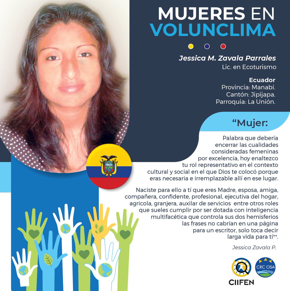 ciifen's tweet photo. Hoy es un día especial en el que honramos a 5️⃣ mujeres excepcionales que forman parte de la red VolunClima. Su dedicación y pasión son un ejemplo para todos nosotros. #VolunClima 🌍👏(Hilo 1/2) https://t.co/PrCtsBoVR4