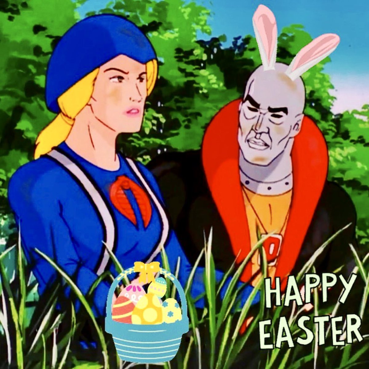 realcocogal's tweet photo. Happy Easter!  What’s Destro thinking?  Best comment wins a prize.  #HappyEaster #HeIsRisen https://t.co/hPzwRsLQ3I