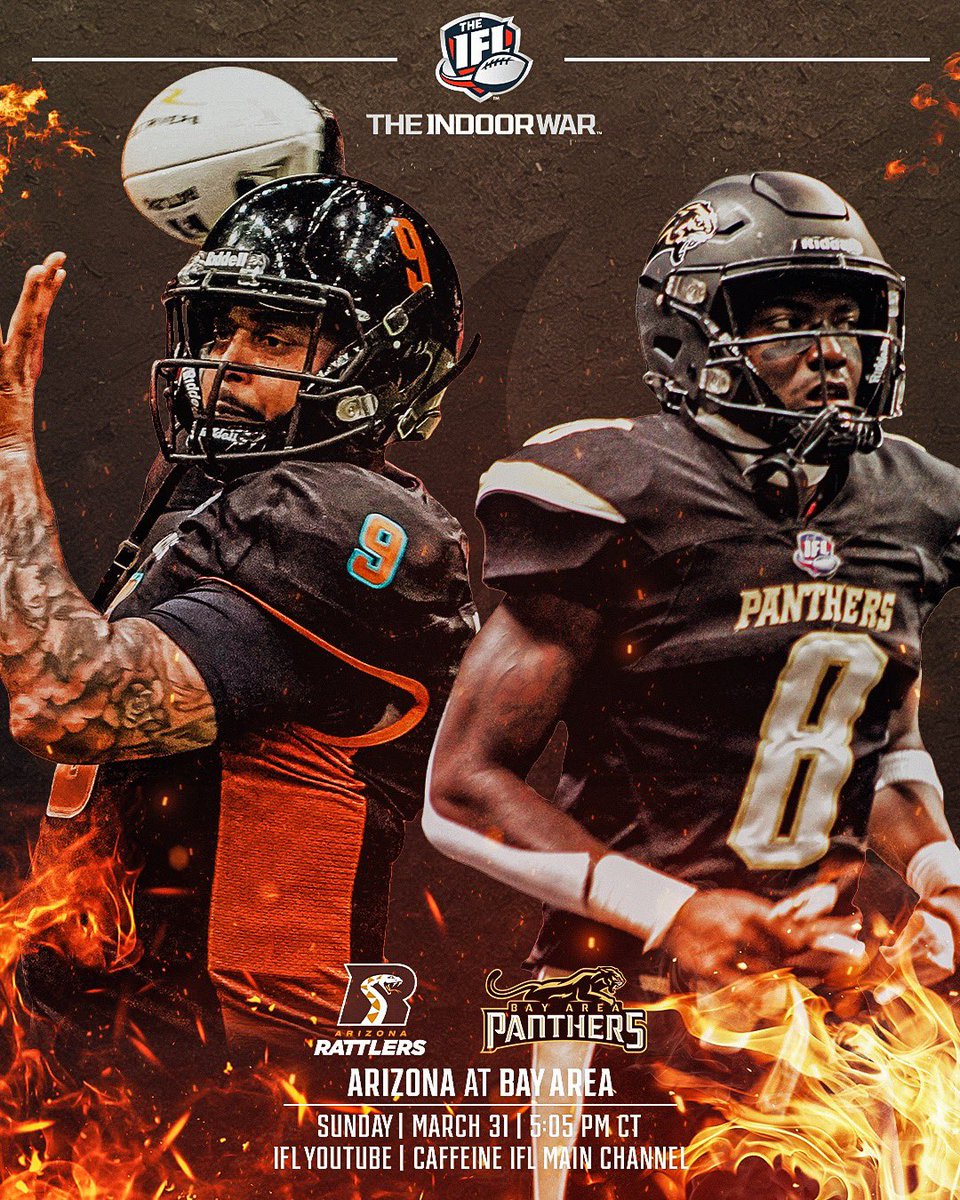 The 2023 Dollar Loan Center IFL National Champion @PanthersIFL make their season-debut against the @ArizonaRattlers in front of a home crowd. Can Bay Area start their season with a win? 🕔 5:05 PM CT 🖥️ YouTube Channel & Caffeine IFL Main Channel 🏈 #TheIndoorWar #FiredUpIFL
