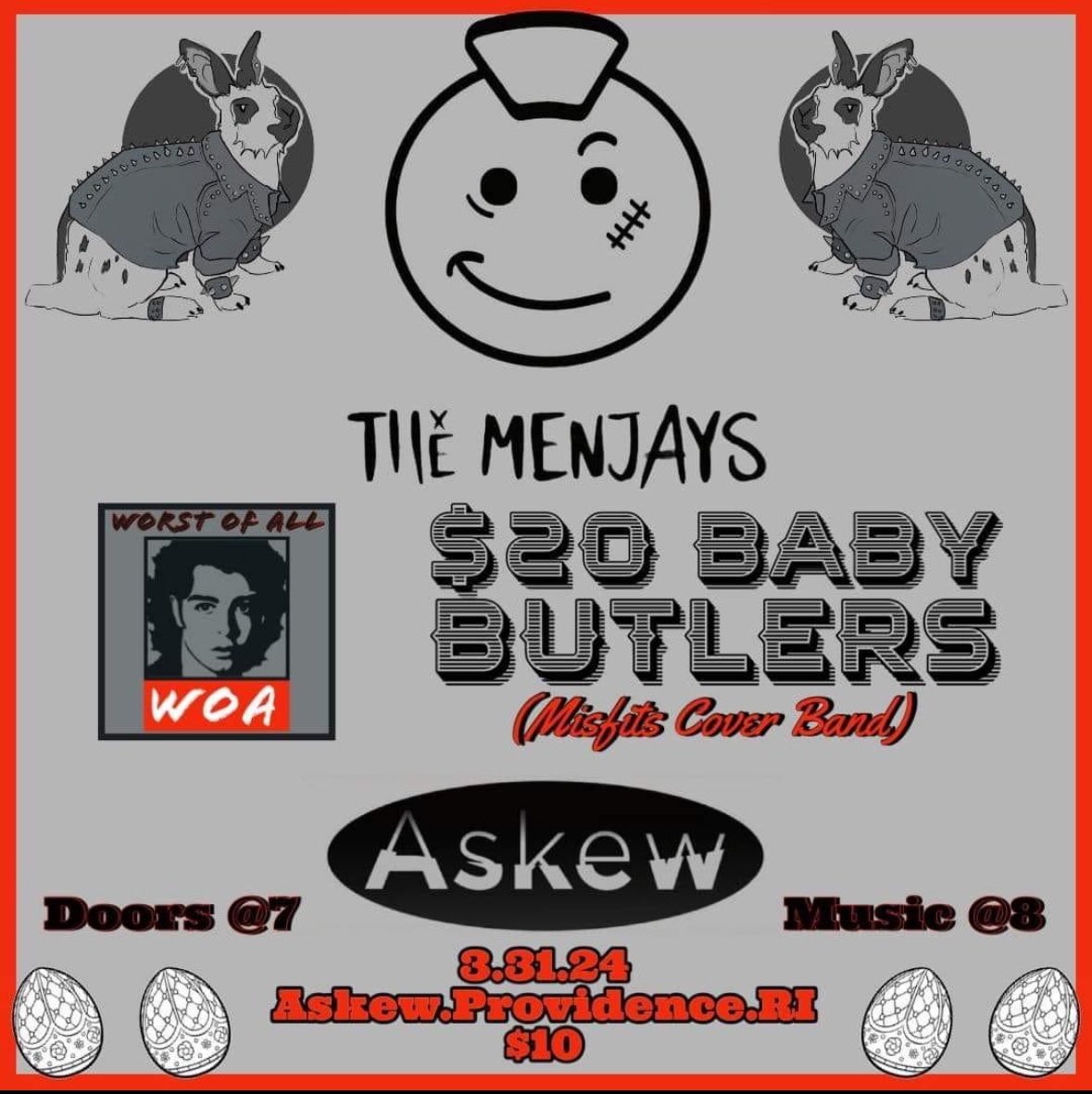 AskewProv's tweet image. Tonight at @askewprov !!
@themenjays @worst__of__all $20 Baby Butlers!!

7pm doors
8pm music
$10 cover

See you there!!

#askewprov #eastershow #livemusic