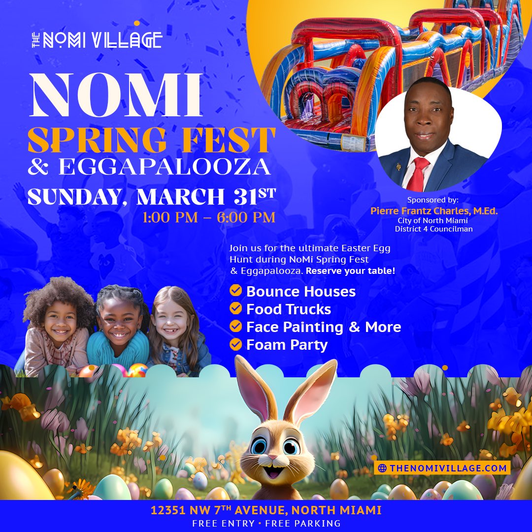 Join us at the NoMi Spring Fest and Eggapalooza for a day of free family fun! Enjoy exciting activities like free face painting, bounce houses, foam parties, and so much more! Don’t miss out on this amazing event! See you there! 

#NoMiSpringFest #Eggapalooza
#FamilyFun