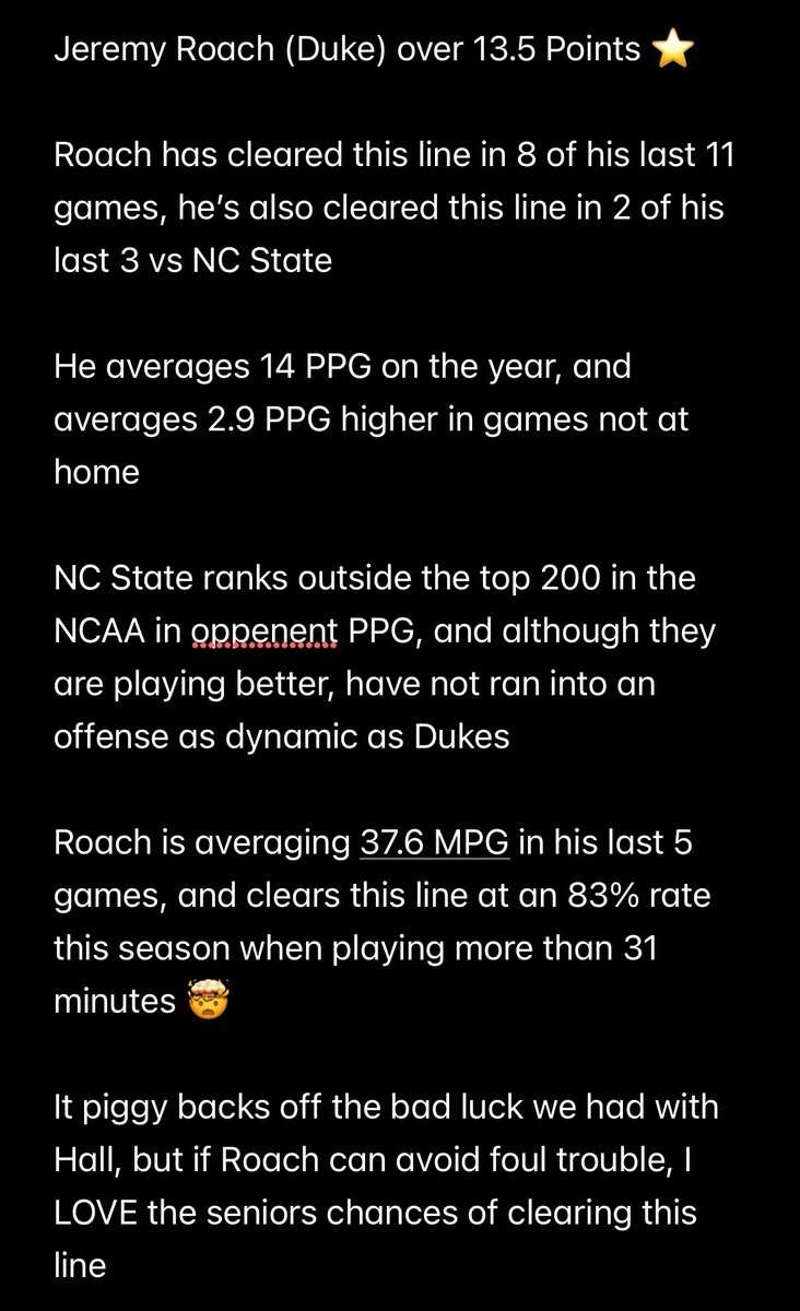 Jeremy Roach over 13.5 Points ⭐️

Lovin Dukes senior leader to get them to the final 4 today with a big game 

Explanation Posted Below ⬇️

42-23 on the year 📊

#FreeBets #GamblingX #GamblingTwitter #CBBProps