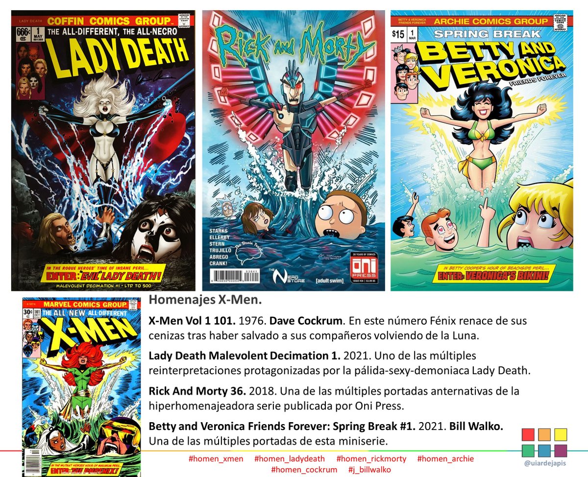 @sinKEVitch @johntylerchris @TorqueTweet Homenajes X-Men #homen_xmen X-Men Vol1 101. 1976 Dave Cockrum (#homen_cockrum) Lady Death Malevolent Decimation 1. 2021 #homen_ladydeath Rick And Morty 36. 2018. #homen_rickmorty Betty and Veronica Friends Forever: Spring Break 1. 2021 @TheHeroBiz #j_billwalko #homen_archie