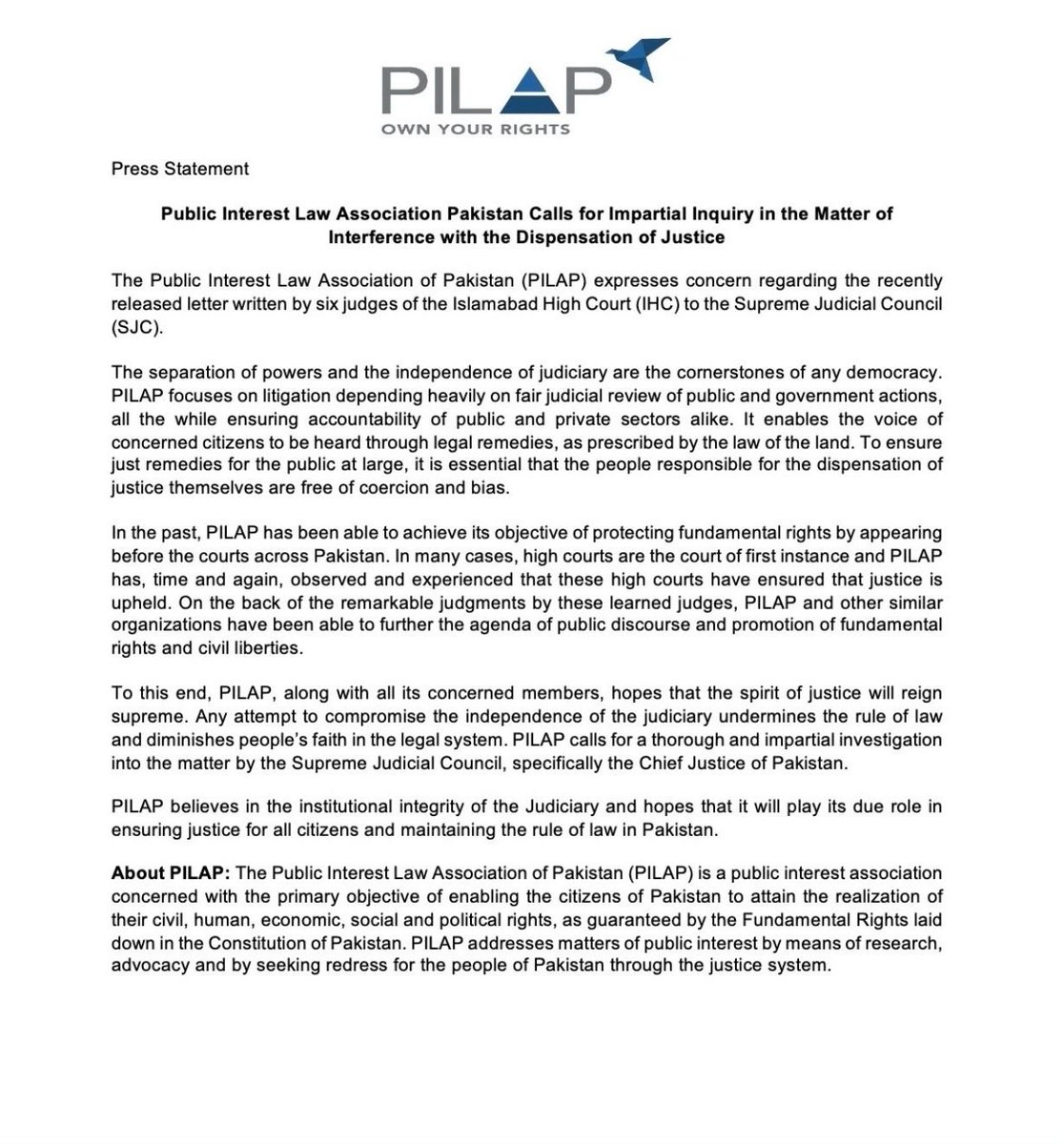 📢 PILAP calls for an impartial inquiry in the matter of interference with the dispensation of justice. ⚖️ 🔗: brecorder.com/news/40296313