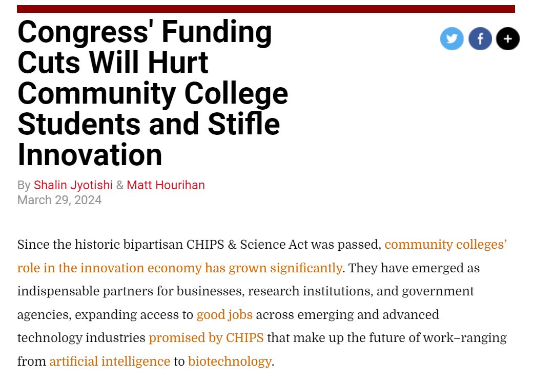 🆕🧵Probably one of the most important things I'll write this year: Congress' @NSF Funding Cuts Will #Hurt Community College Students and Stifle Innovation. W/ R&D budget maven @MattHourihan @scientistsorg Congress must follow through on its #CHIPSact commitment to fund @NSF!