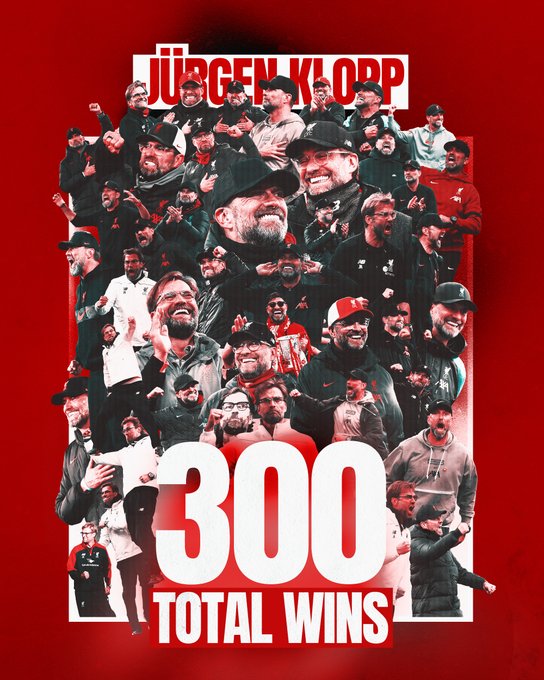 A graphic to highlight Jurgen Klopp's 300th win as Reds boss. The graphic features a number of images of Jurgen throughout the years as Liverpool manager. 