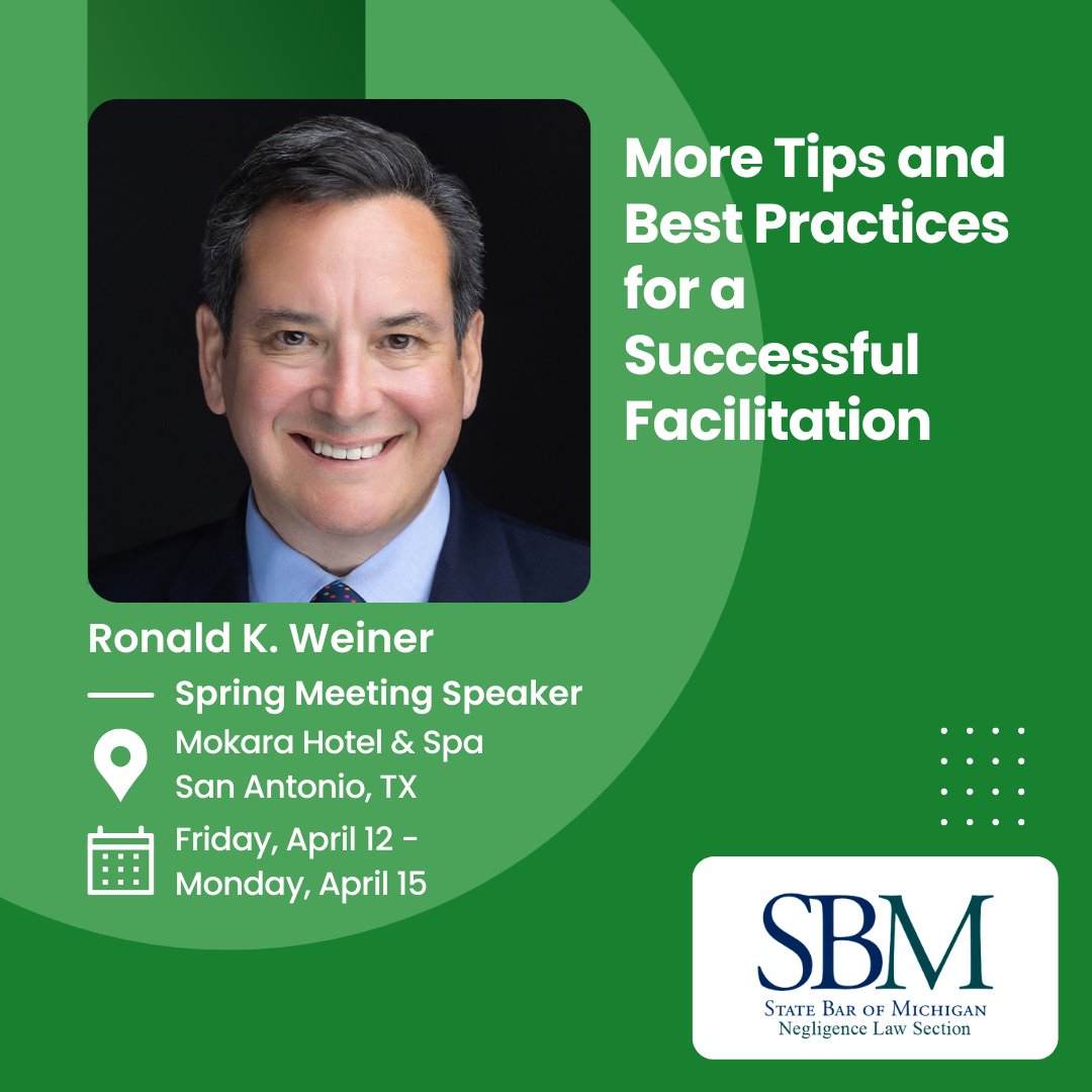 The Section's 2024 Spring Meeting will be featuring Ronald Weiner from Lipton Law! Gain valuable insights on 'More Tips and Best Practices for a Successful Facilitation.' Don't miss out on April 12-15. Register now: ow.ly/7gxm50QWGQY
-
#NegLaw #SpringMeeting2024 #LegalEvent