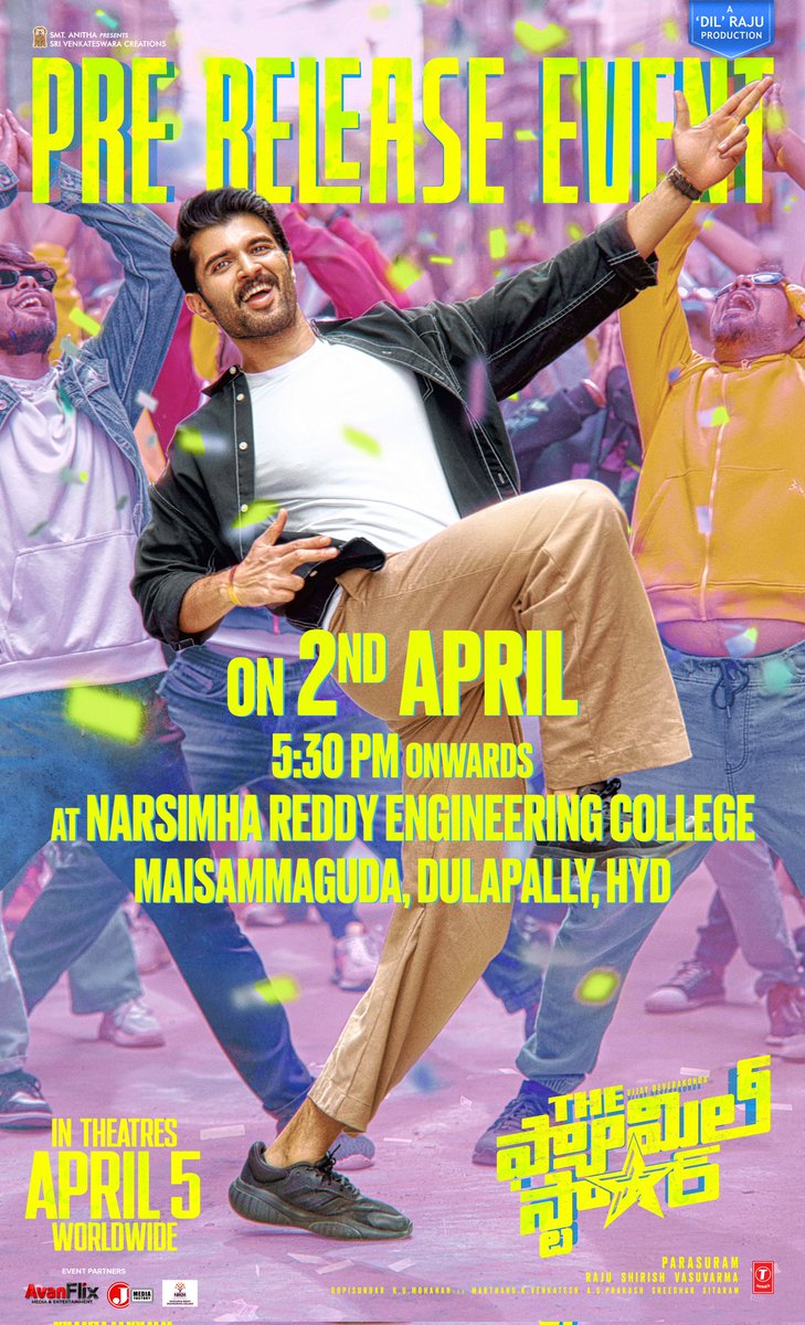 Let us indulge in an evening of celebration with the amazing team of #Family Star and the energetic fans ❤️‍🔥 #FamilyStar Grand Pre-release event on April 2nd 💥💥 Venue : Narasimha Reddy Engineering College, Maisammaguda, Hyd. #FamilyStarOnApril5th @TheDeverakonda @Mrunal0801…