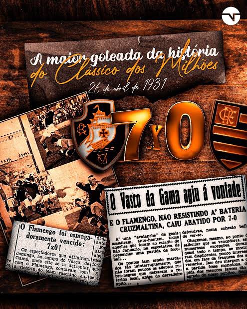 futnostalgico's tweet photo. 🍫 Vasco x Flamengo:

A maior goleada do clássico pertence ao Vasco ao vencer o confronto por 7 a 0 durante o Campeonato Carioca de 1931.

📸 @TNTSportsBR 
Nostálgico! https://t.co/i7T9lsolAP