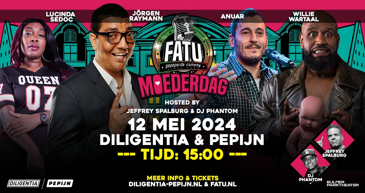 fatucomedy's tweet photo. Voor het eerst! FATU Moederdag in Den-Haag! https://t.co/jcYbjFmEK3

Leuk die zoveelste bos bloemen, chocoladehart of dat ontbijtje op bed.  Welverdiend natuurlijk! Maar beter laat je haar hard lachen! https://t.co/1uHOn2MDbB
