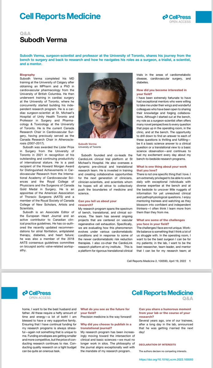 Very cool interview of my partner and friend. @SubodhVermaMD - the most impactful heart surgeon / scientist / trialist in the world today 👏👏🇨🇦🫀💪🚀🚀🚀@UnityHealthTO @uoftmedicine @UofTCVsurgery @UofTCardio