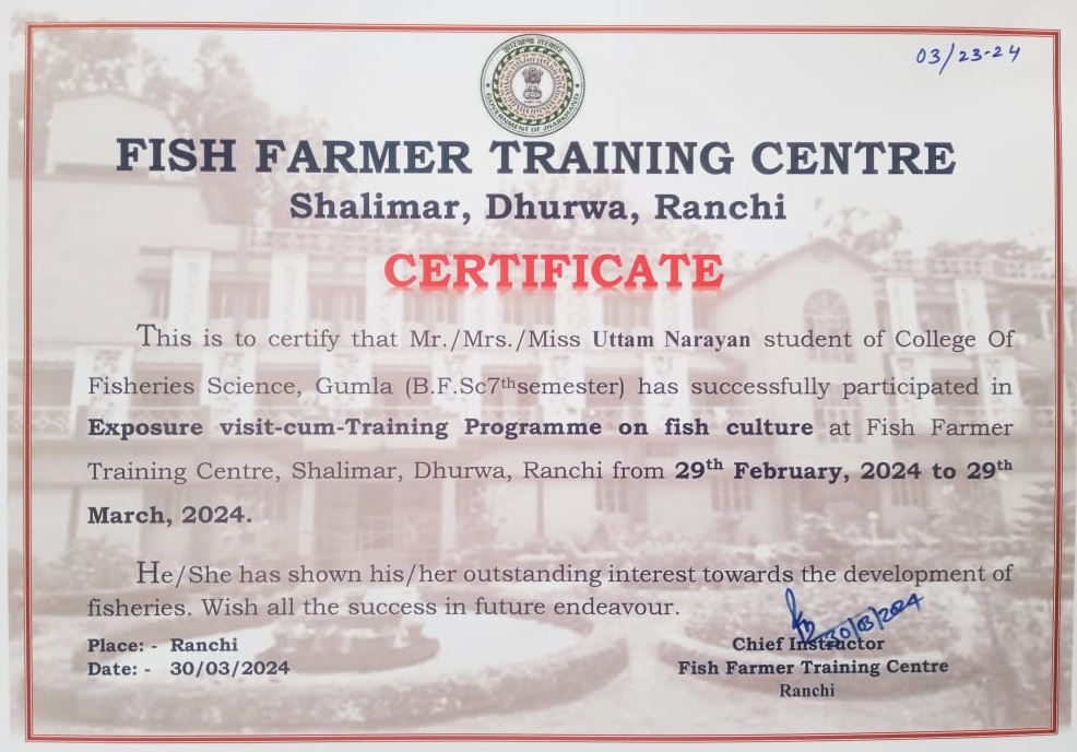 uttam70615's tweet photo. This certificate issued by The FFTC Shalimar Dhurwa Ranchi is a milestone that we are about to be inducted in the world of professionalism. I have completed a one month Training Program on "Exposure visit-cum-Training Program on Fish Culture" 

@cofsgumla https://t.co/4wXSF2iXDE
