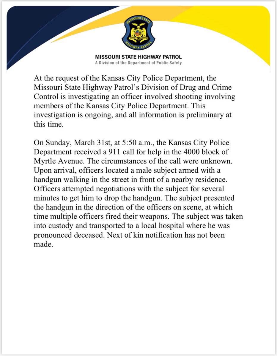 Officer Involved Shooting - Kansas City, Missouri. One male subject is deceased after an officer involved shooting early this morning. See the official statement below.